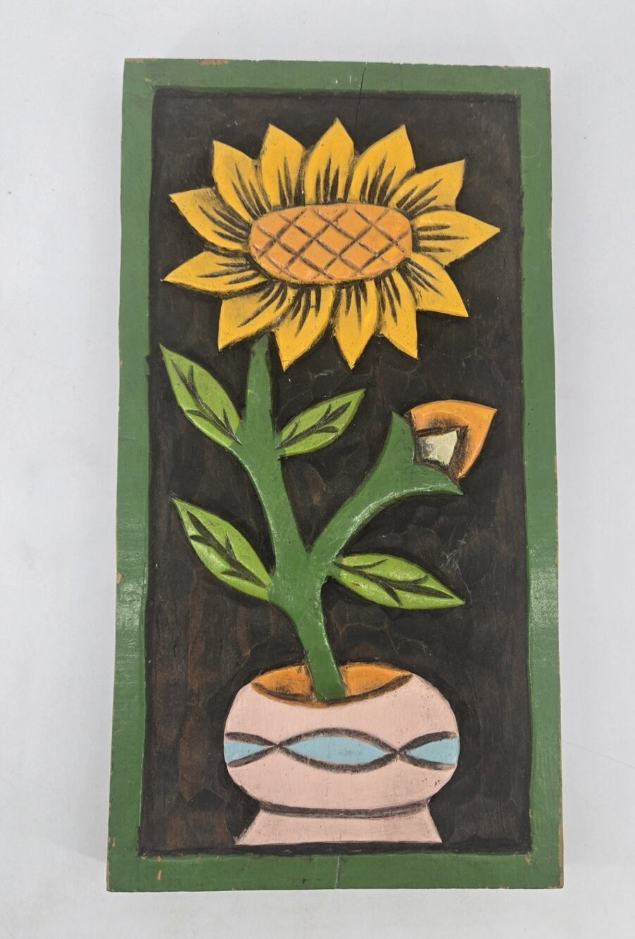 MCM Mexican Folk Art Relief Carved Wood Painted Wall Plaque Yellow Flower
